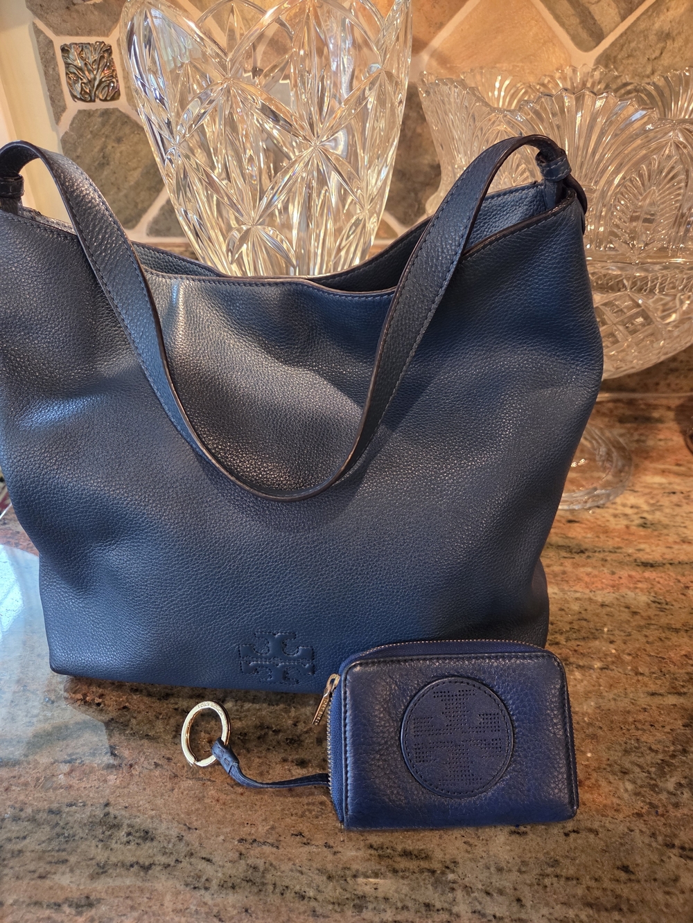 Tory Burch Navy Leather Shoulder Bag with Small Wallet - Picture 1 of 8
